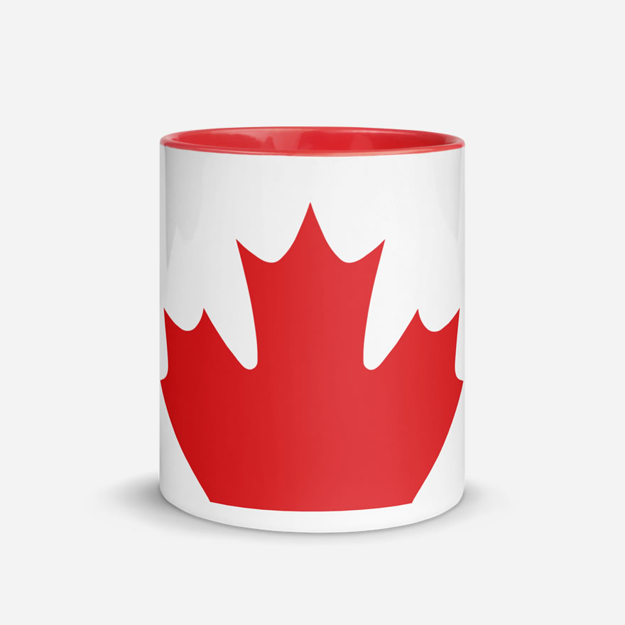 Canada Flag Zoomed-In white ceramic 11oz mug with red inside side view showing a large top part of the maple leaf.