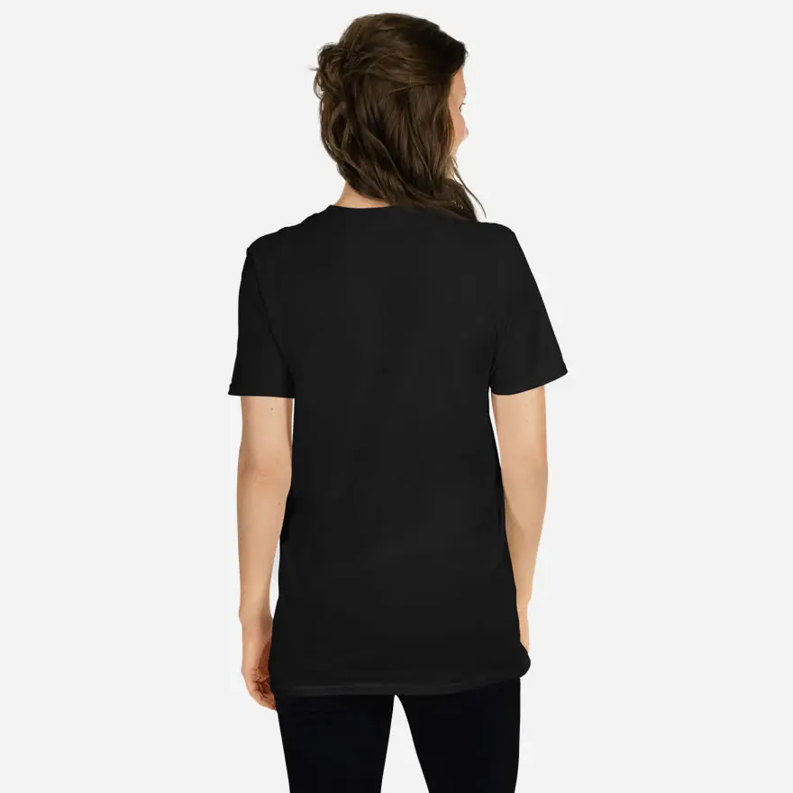 All black back of Canada Flag unisex basic softstyle t-shirt by Team Canada on female model.