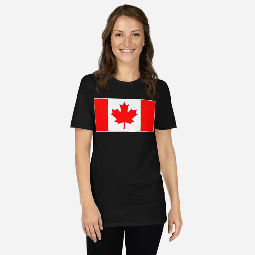 Front of Canada Flag black unisex basic softstyle t-shirt on female model with large Canadian flag printed across chest.