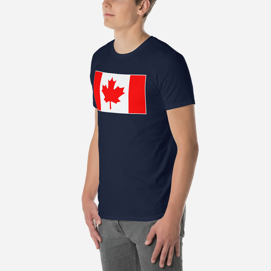 Front of Canada Flag navy unisex basic softstyle t-shirt on male model with large Canadian flag printed across chest.