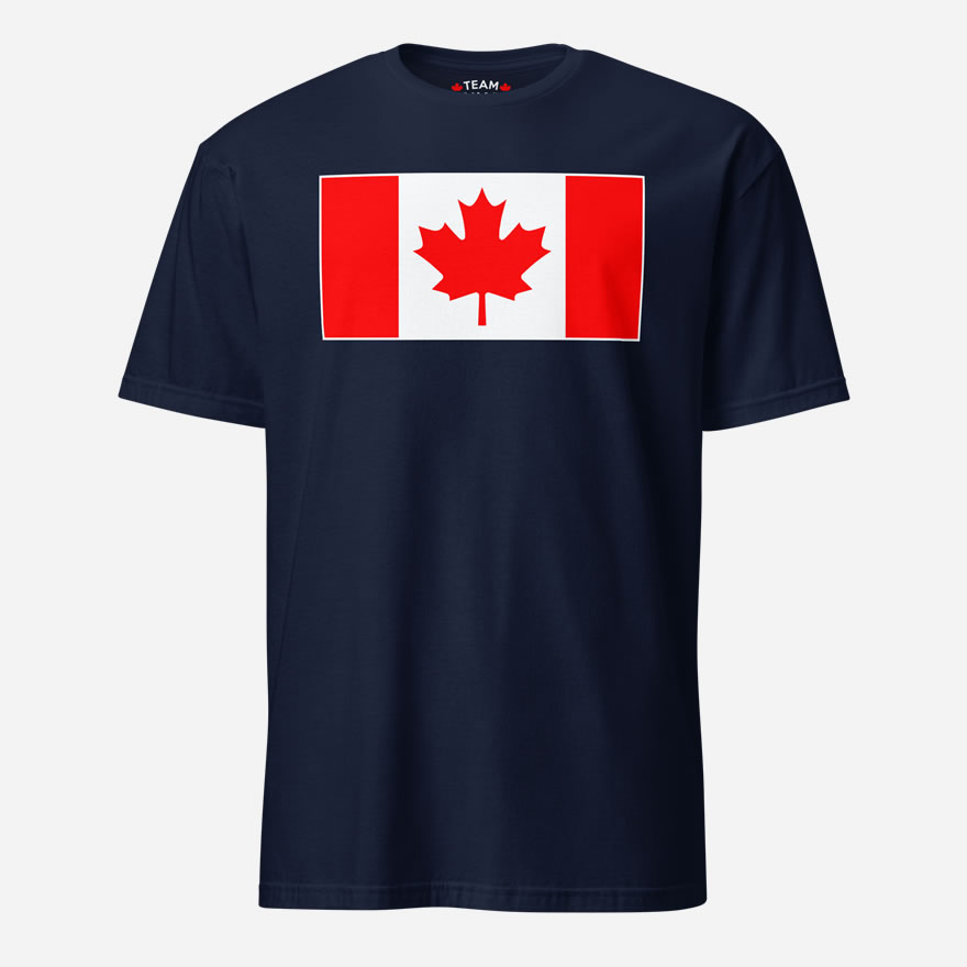 Front of Canada Flag navy unisex basic softstyle t-shirt by Team Canada with large Canadian flag printed across chest.