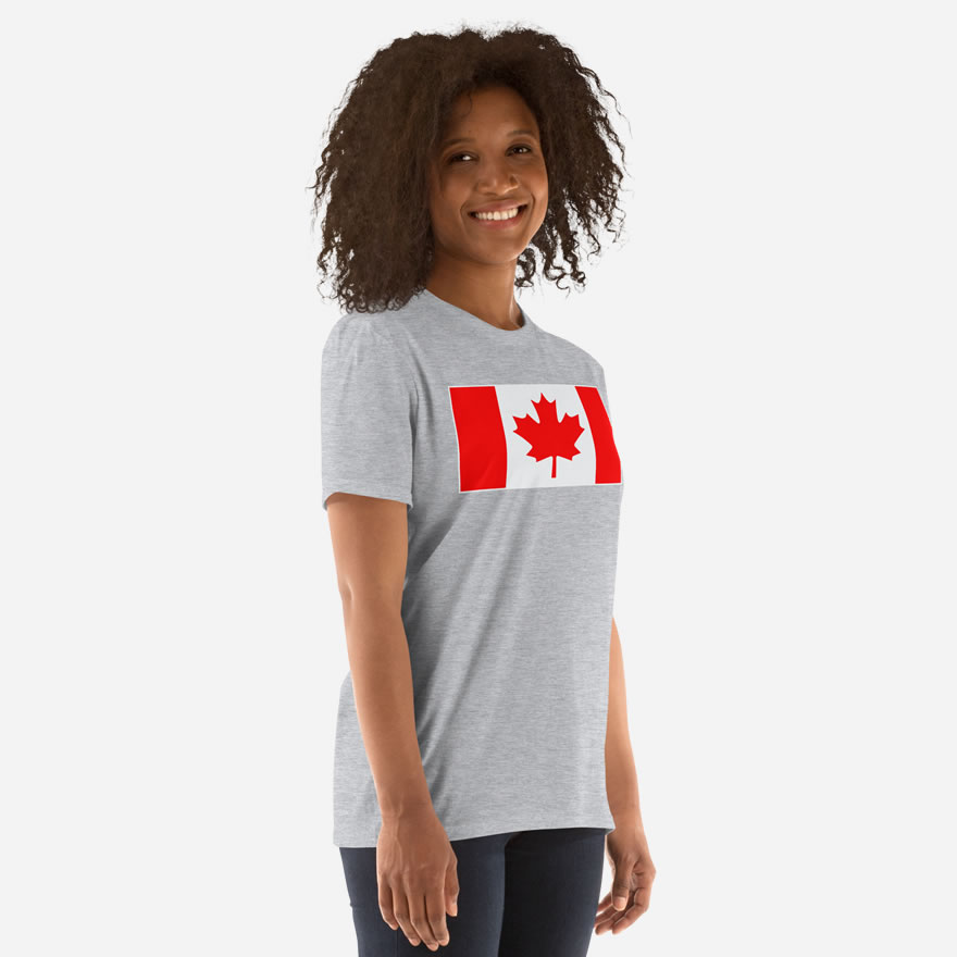Front of Canada Flag sport grey unisex basic softstyle t-shirt on female model with large Canadian flag printed across chest.
