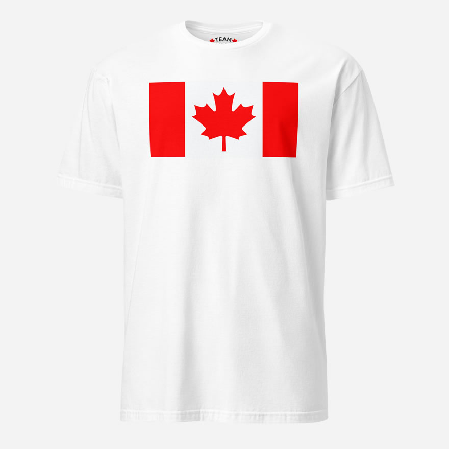 Front of Canada Flag white unisex basic softstyle t-shirt by Team Canada with large Canadian flag printed across chest.