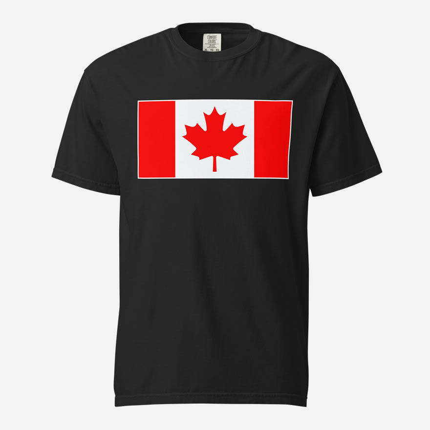 Front of Canada Flag black unisex garment-dyed heavyweight t-shirt by Team Canada with large Canadian flag printed across chest.
