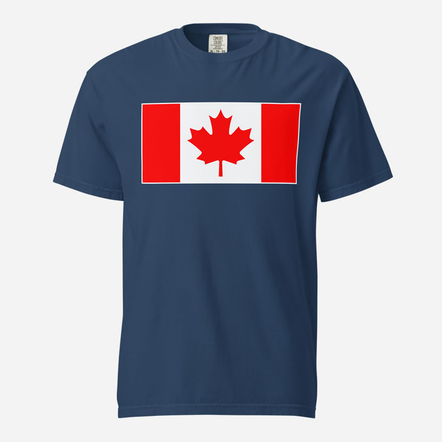 Front of Canada Flag navy unisex garment-dyed heavyweight t-shirt by Team Canada with large Canadian flag printed across chest.