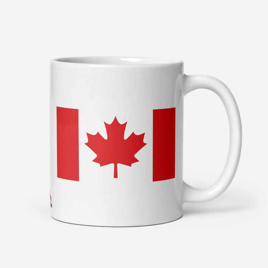 Elbows Up In Canada Canadian Flag white glossy 11oz mug by Team Canada Store showing Canada Flag with handle on right.
