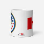Elbows Up In Canada Canadian Flag white glossy 11oz mug side view showing small design saying 'Team Canada' at bottom.