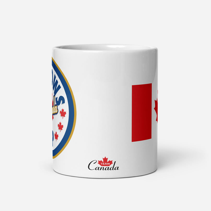 Elbows Up In Canada Canadian Flag white glossy 11oz mug side view showing small design saying 'Team Canada' at bottom.