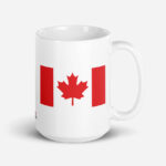 Elbows Up In Canada Canadian Flag white glossy 15oz mug by Team Canada Store showing Canada Flag with handle on right.
