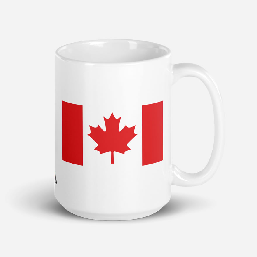 Elbows Up In Canada Canadian Flag white glossy 15oz mug by Team Canada Store showing Canada Flag with handle on right.