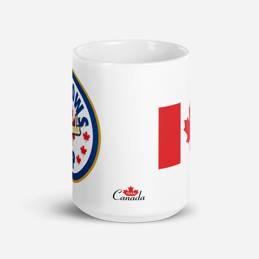 Elbows Up In Canada Canadian Flag white glossy 15oz mug side view showing small design saying 'Team Canada' at bottom.