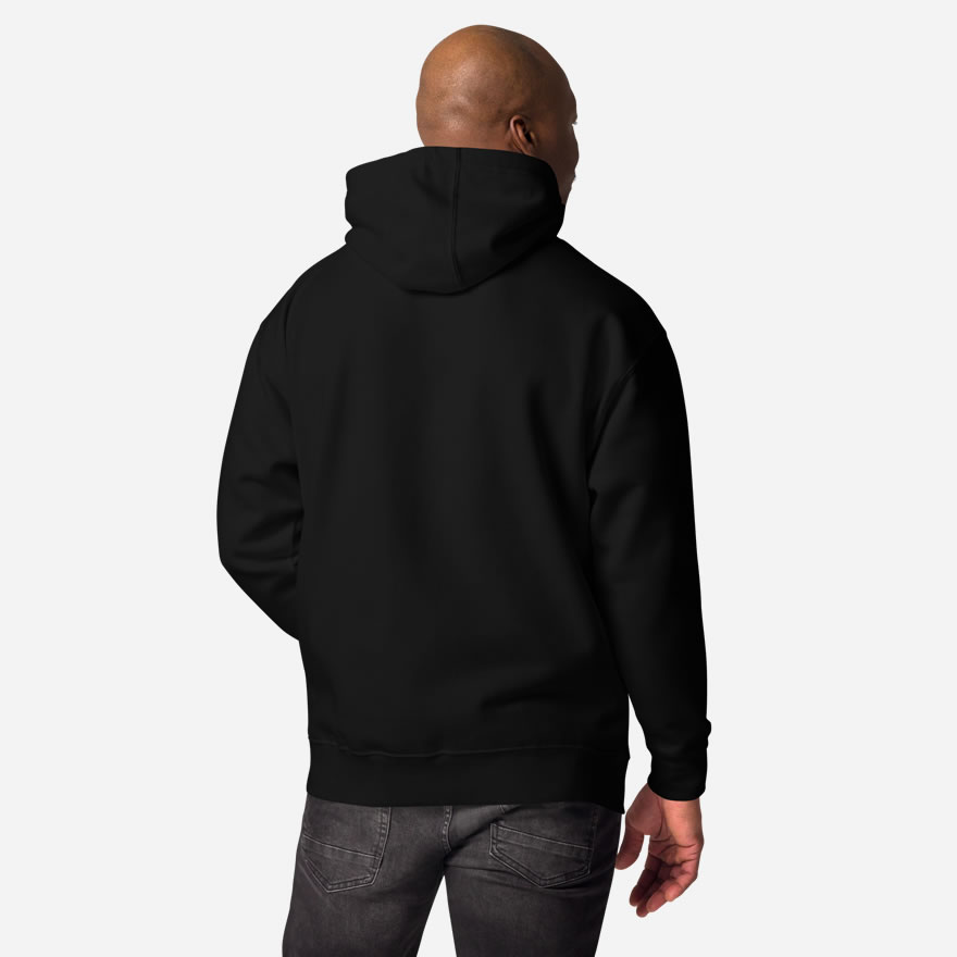 All black back of Elbows Up In Canada unisex premium hoodie by Team Canada on male model.