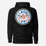Front of Elbows Up In Canada black unisex premium hoodie by Team Canada with large 'Elbows Up In Canada' circle design.