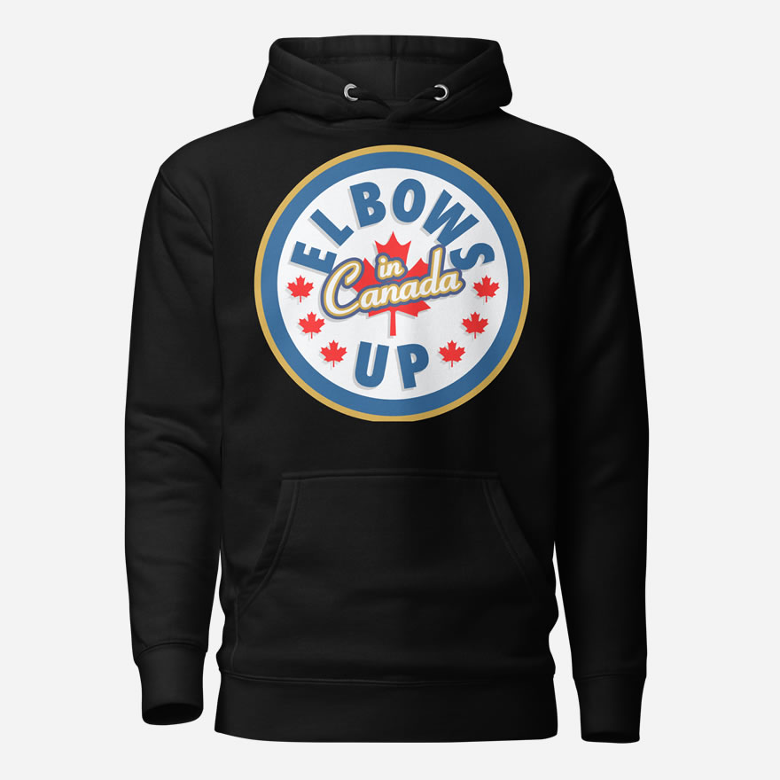 Front of Elbows Up In Canada black unisex premium hoodie by Team Canada with large 'Elbows Up In Canada' circle design.