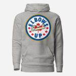 Front of Elbows Up In Canada carbon grey unisex premium hoodie by Team Canada with large 'Elbows Up In Canada' circle design.