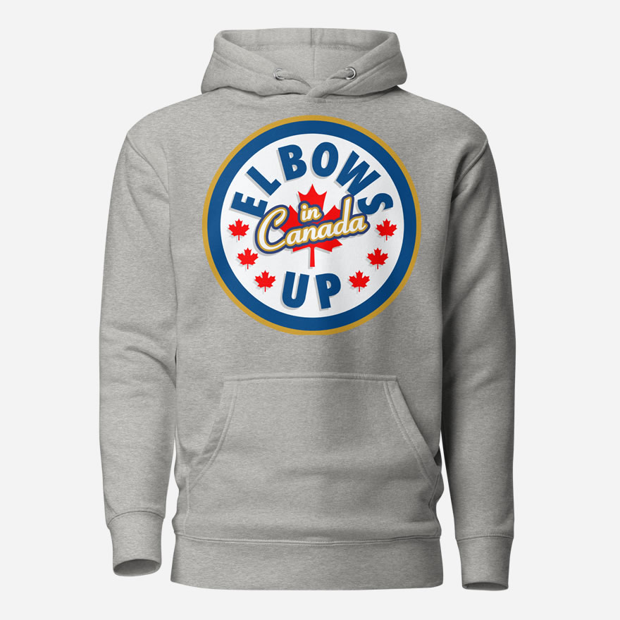 Front of Elbows Up In Canada carbon grey unisex premium hoodie by Team Canada with large 'Elbows Up In Canada' circle design.