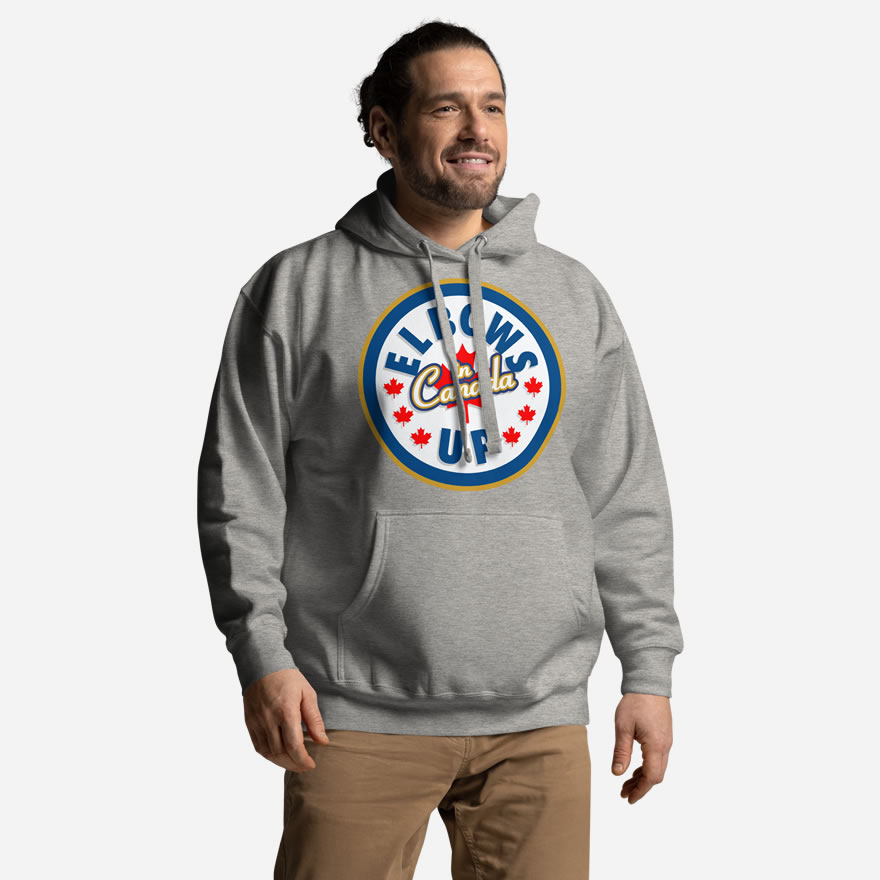 Left front of Elbows Up In Canada carbon grey unisex premium hoodie on male model with large 'Elbows Up In Canada' circle design.
