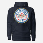 Front of Elbows Up In Canada navy blazer unisex premium hoodie by Team Canada with large 'Elbows Up In Canada' circle design.