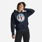 Front of Elbows Up In Canada navy blazer unisex premium hoodie on female model with large 'Elbows Up In Canada' circle design.