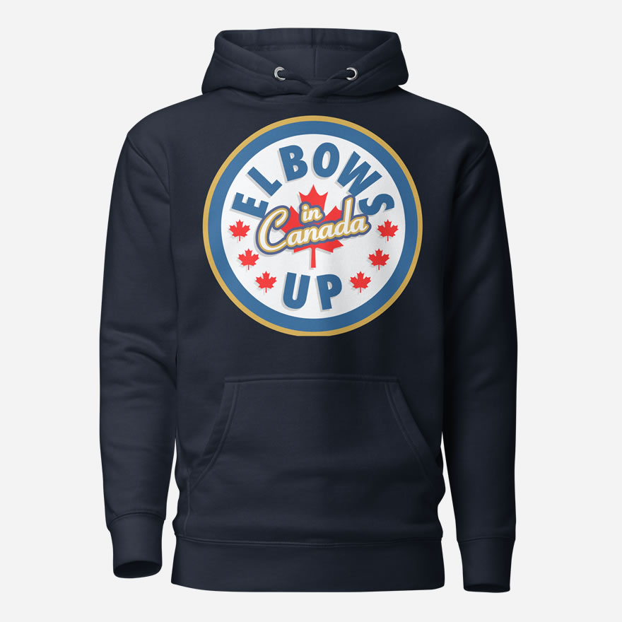Front of Elbows Up In Canada navy blazer unisex premium hoodie by Team Canada with large 'Elbows Up In Canada' circle design.