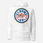 Front of Elbows Up In Canada white unisex premium hoodie by Team Canada with large 'Elbows Up In Canada' circle design.