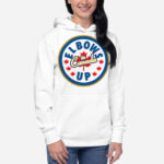 Front of Elbows Up In Canada white unisex premium hoodie on female model with large 'Elbows Up In Canada' circle design.