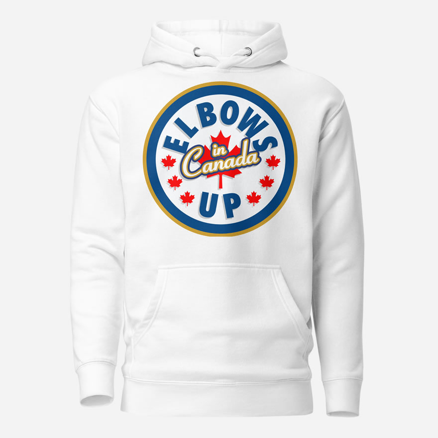 Front of Elbows Up In Canada white unisex premium hoodie by Team Canada with large 'Elbows Up In Canada' circle design.