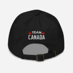 Back of I Love Canada black classic dad hat showing words 'Team Canada' embroidered white with small red maple leafs on each side.