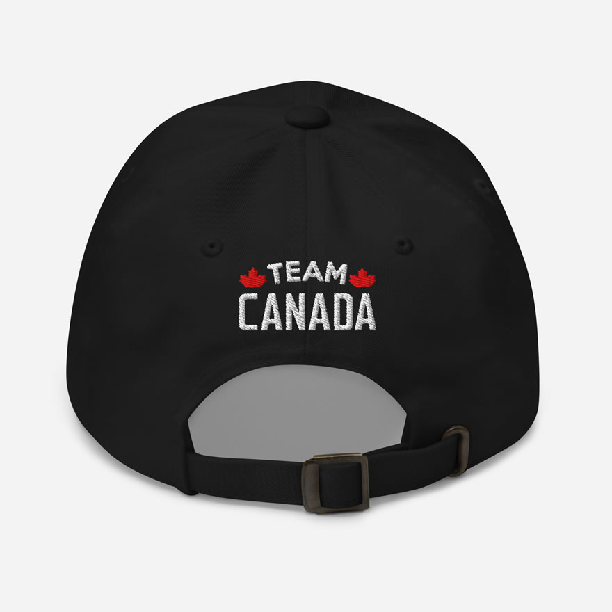Back of I Love Canada black classic dad hat showing words 'Team Canada' embroidered white with small red maple leafs on each side.