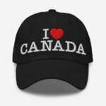 Front of I Love Canada black classic dad hat showing words 'I Love Canada' embroidered white with a red heart in place of the word 'love'.