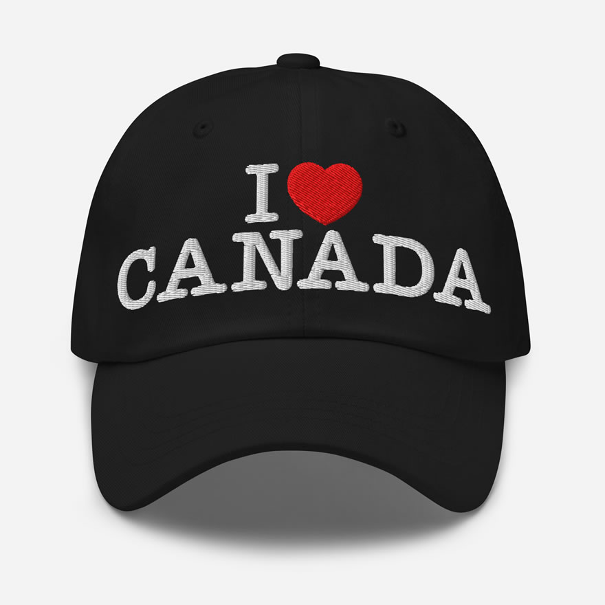 Front of I Love Canada black classic dad hat showing words 'I Love Canada' embroidered white with a red heart in place of the word 'love'.