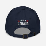 Back of I Love Canada navy classic dad hat showing words 'Team Canada' embroidered white with small red maple leafs on each side.
