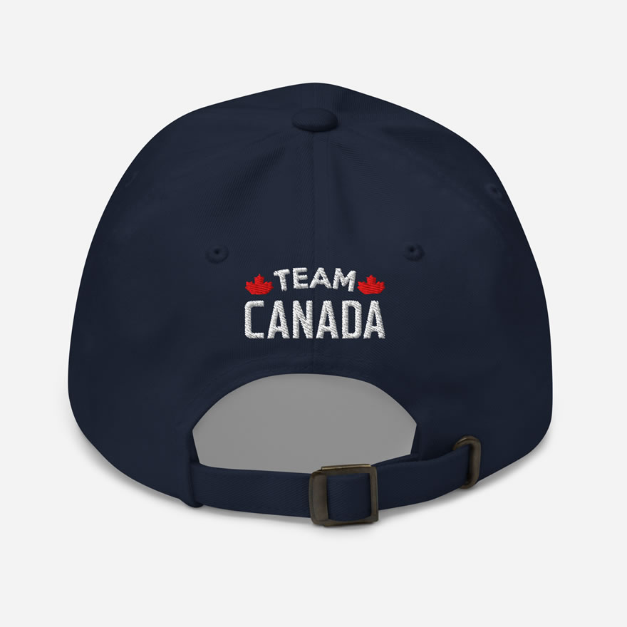 Back of I Love Canada navy classic dad hat showing words 'Team Canada' embroidered white with small red maple leafs on each side.
