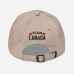 Back of I Love Canada stone classic dad hat showing words 'Team Canada' embroidered black with small red maple leafs on each side.