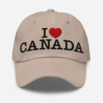 Front of I Love Canada stone classic dad hat showing words 'I Love Canada' embroidered black with red heart for the word 'love'.