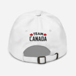 Back of I Love Canada white classic dad hat showing words 'Team Canada' embroidered black with small red maple leafs on each side.