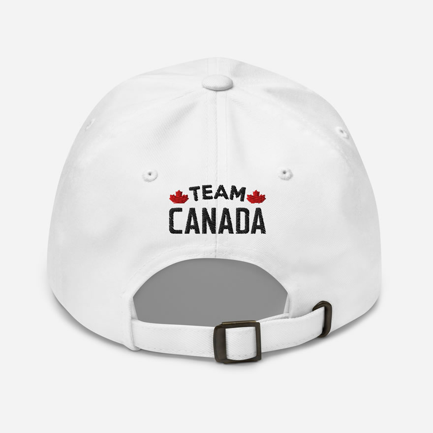 Back of I Love Canada white classic dad hat showing words 'Team Canada' embroidered black with small red maple leafs on each side.