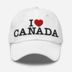 Front of I Love Canada white classic dad hat showing words 'I Love Canada' embroidered black with red heart for the word 'love'.