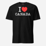Front of I Love Canada black unisex basic softstyle t-shirt by Team Canada with 'I Love (heart) Canada' design across chest.