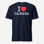Front of I Love Canada navy unisex basic softstyle t-shirt by Team Canada with 'I Love (heart) Canada' design across chest.
