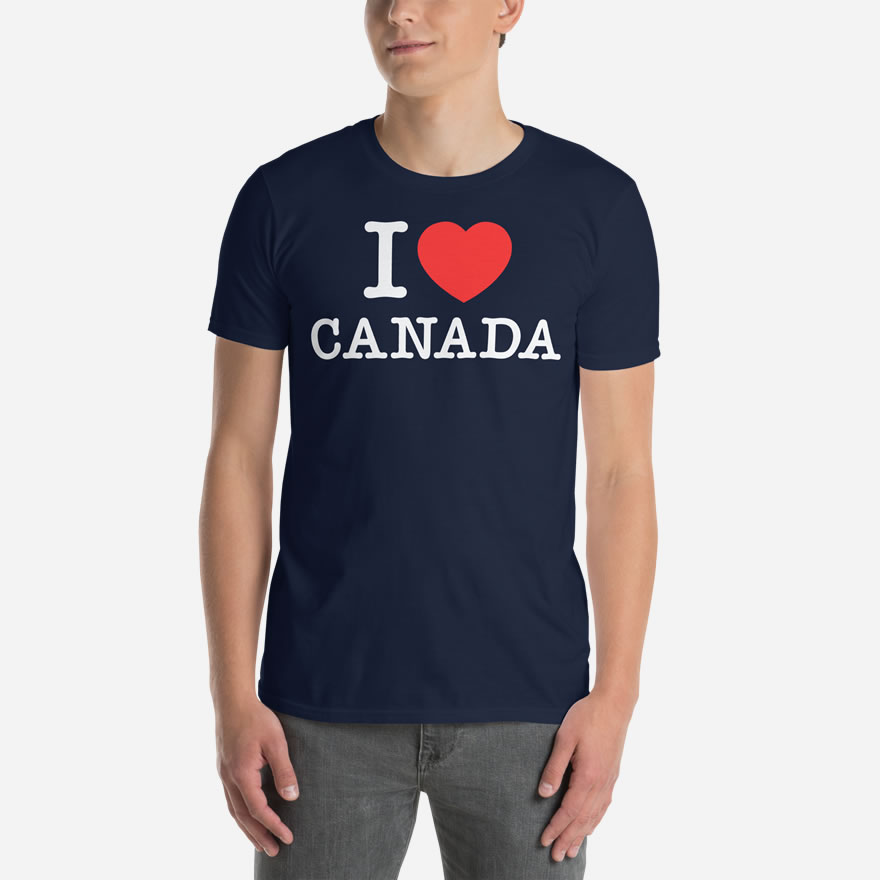 Front of I Love Canada navy unisex basic softstyle t-shirt on male model with 'I Love (heart) Canada' design across chest.
