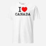 Front of I Love Canada white unisex basic softstyle t-shirt by Team Canada with 'I Love (heart) Canada' design across chest.