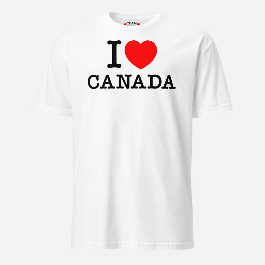 Front of I Love Canada white unisex basic softstyle t-shirt by Team Canada with 'I Love (heart) Canada' design across chest.