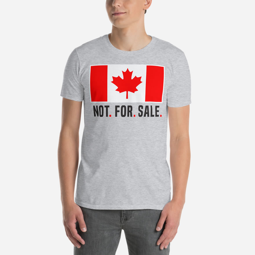 Front of Canada Is Not. For. Sale. sport grey unisex basic softstyle t-shirt on male showing Canada Flag with words 'Not. For. Sale.' below in black.