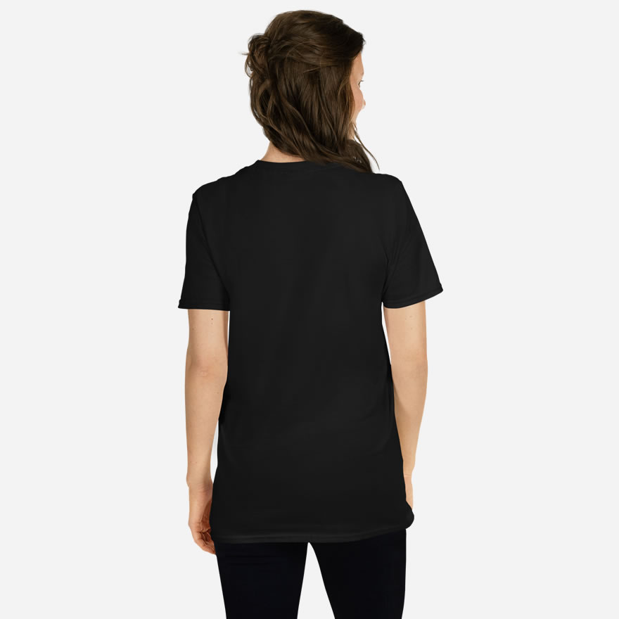 All black back of I Love Canada unisex basic softstyle t-shirt by Team Canada on female model.