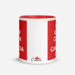 Keep Calm And Canada On white ceramic 11oz mug w/ red inside front view showing small design saying 'Team Canada' at bottom.