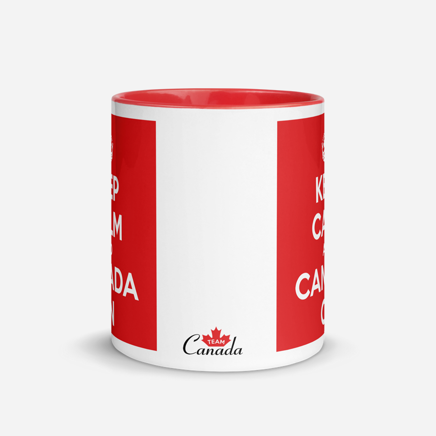 Keep Calm And Canada On white ceramic 11oz mug w/ red inside front view showing small design saying 'Team Canada' at bottom.