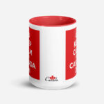 Keep Calm And Canada On white ceramic 15oz mug w/ red inside front view showing small design saying 'Team Canada' at bottom.