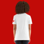 Back of Keep Calm And Canada On white unisex basic softstyle t-shirt on female model with Canada Flag on left sleeve.