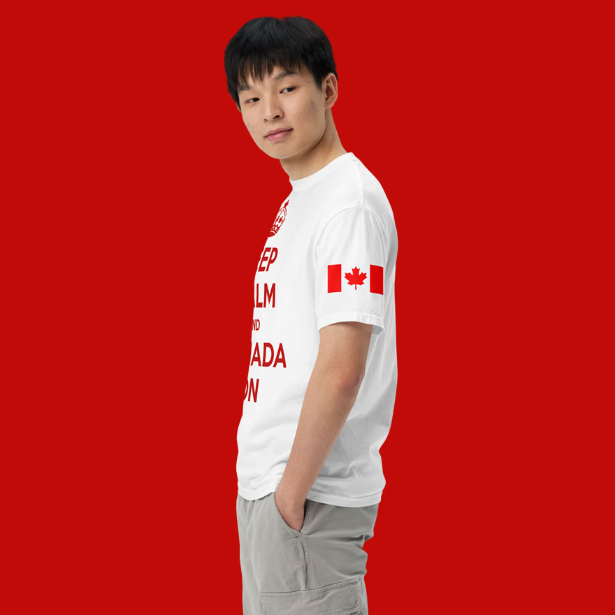 Keep-Calm-And-Canada-On-unisex-garment-dyed-heavyweight-t-shirt-white-left-male-model